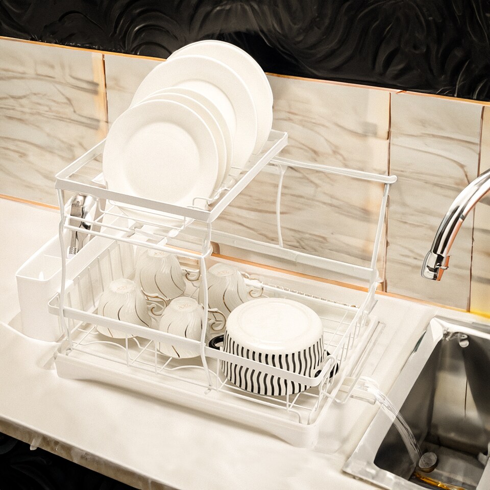 image 1 of Living and Home Steel Dish Rack with Utensil and Glass Holder - White | White