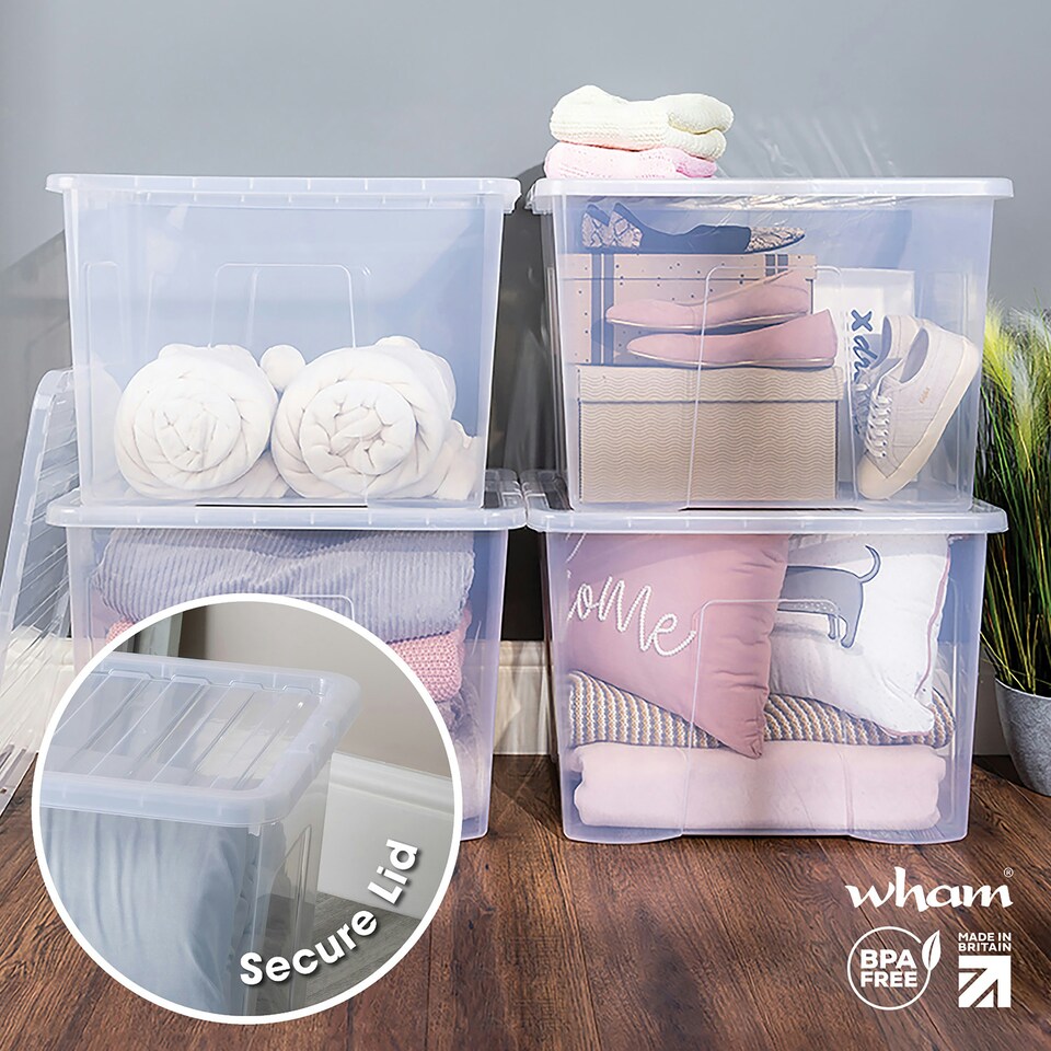 image 1 of Wham Crystal 4 x 80L Stackable Plastic Storage Boxes with Lids