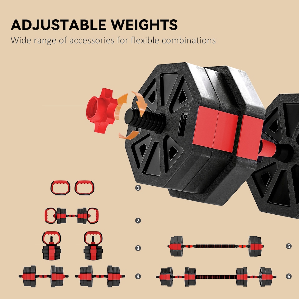 image 1 of SPORTNOW 6-in-1 Adjustable Weight Dumbbells Set, 20kg Free Weights Set, Red