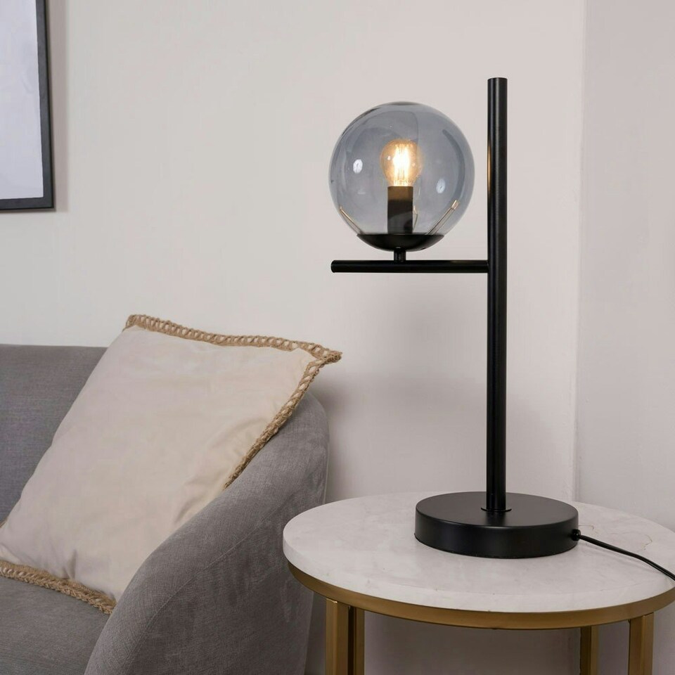 image 1 of ValueLights Industrial Style Matt Black Metal Bedside Table Lamp With Smoked Glass Shade
