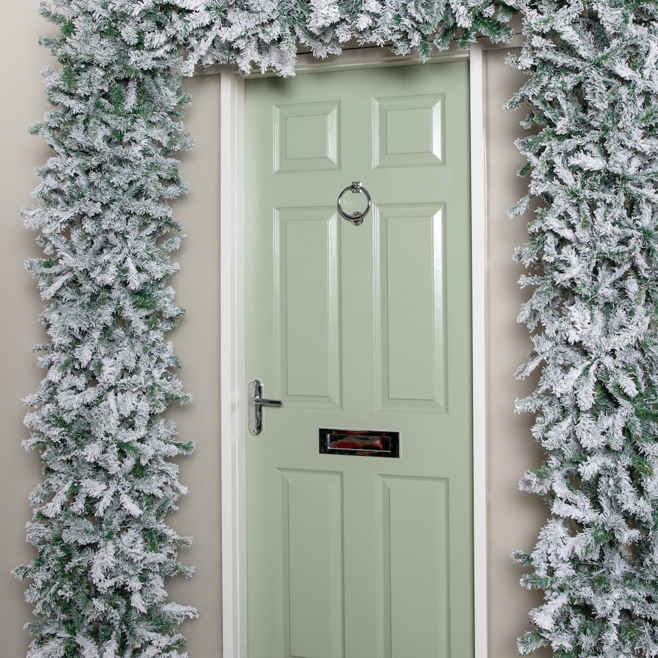 image 1 of 8ft Samuel Alexander Single Door Snow Flocked Christmas Tree Flat Top Arch with 2000 Tips