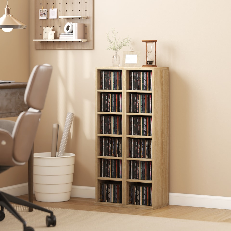 image 1 of HOMCOM Set of 2 CD Storage Units DVD Shelf with Adjustable Shelves, Oak
