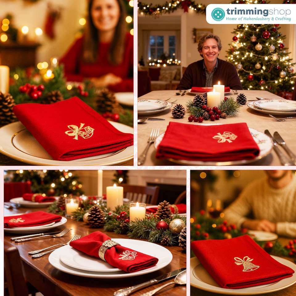 image 1 of 1pc Christmas Table Napkin Set with Festive Jingle Bell Embroidery - 20 Inch