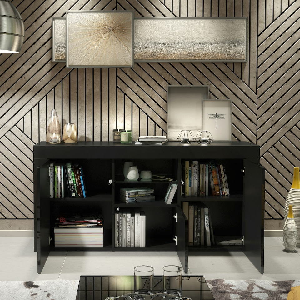 image 1 of Black TV Unit 145cm Gloss Doors Free LED Modern Media Cabinet Black