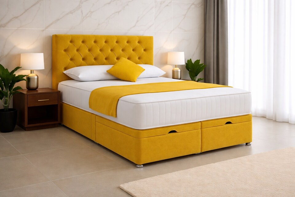image 1 of 6ft Superking Lift Up Ottoman Mustard Plush Chesterfield Bed Set Headboard and Mattress