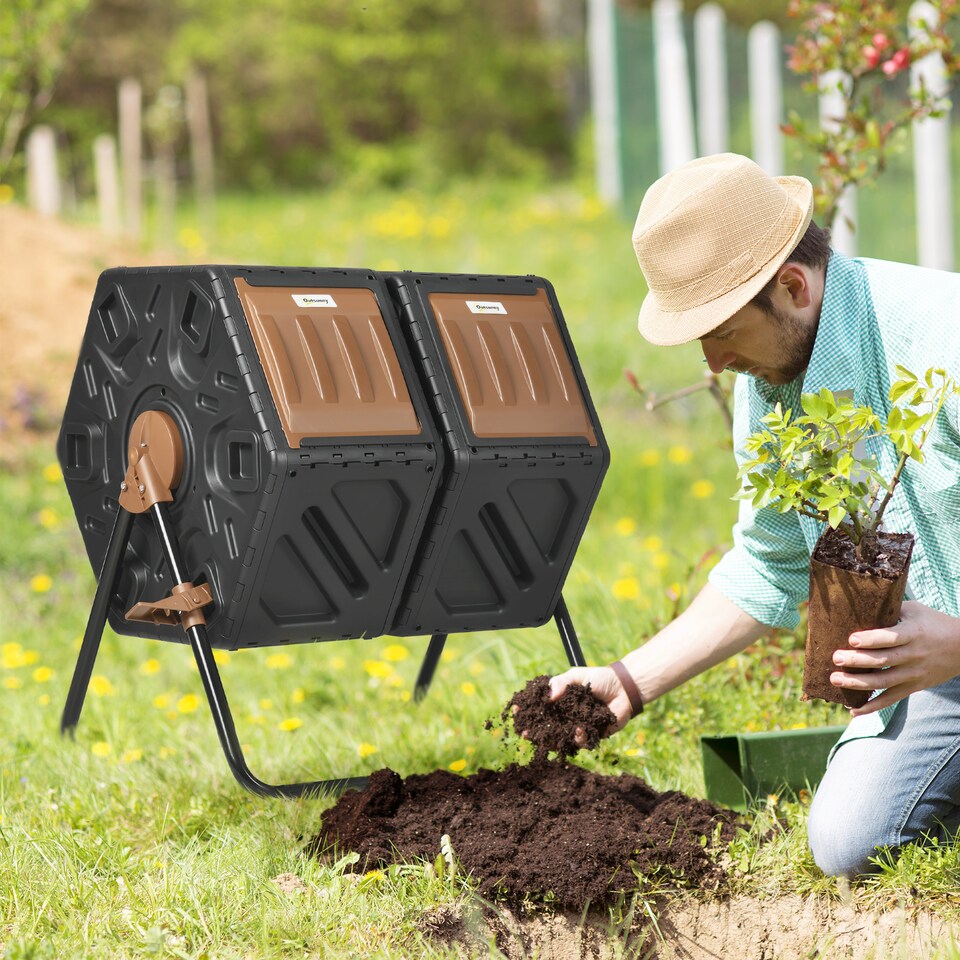 image 1 of Outsunny 130L Compost Bin Dual Chamber Rotating Composter w Ventilation Holes | Brown | Dark Brown and Black