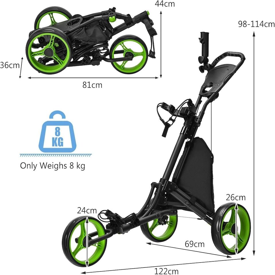 image 1 of COSTWAY 3 Wheel Golf Push Cart Folding Golf Holder Green