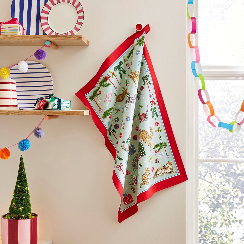 image 1 of Ulster Weavers Christmas Cats Tea Towel - Cotton Seafoam
