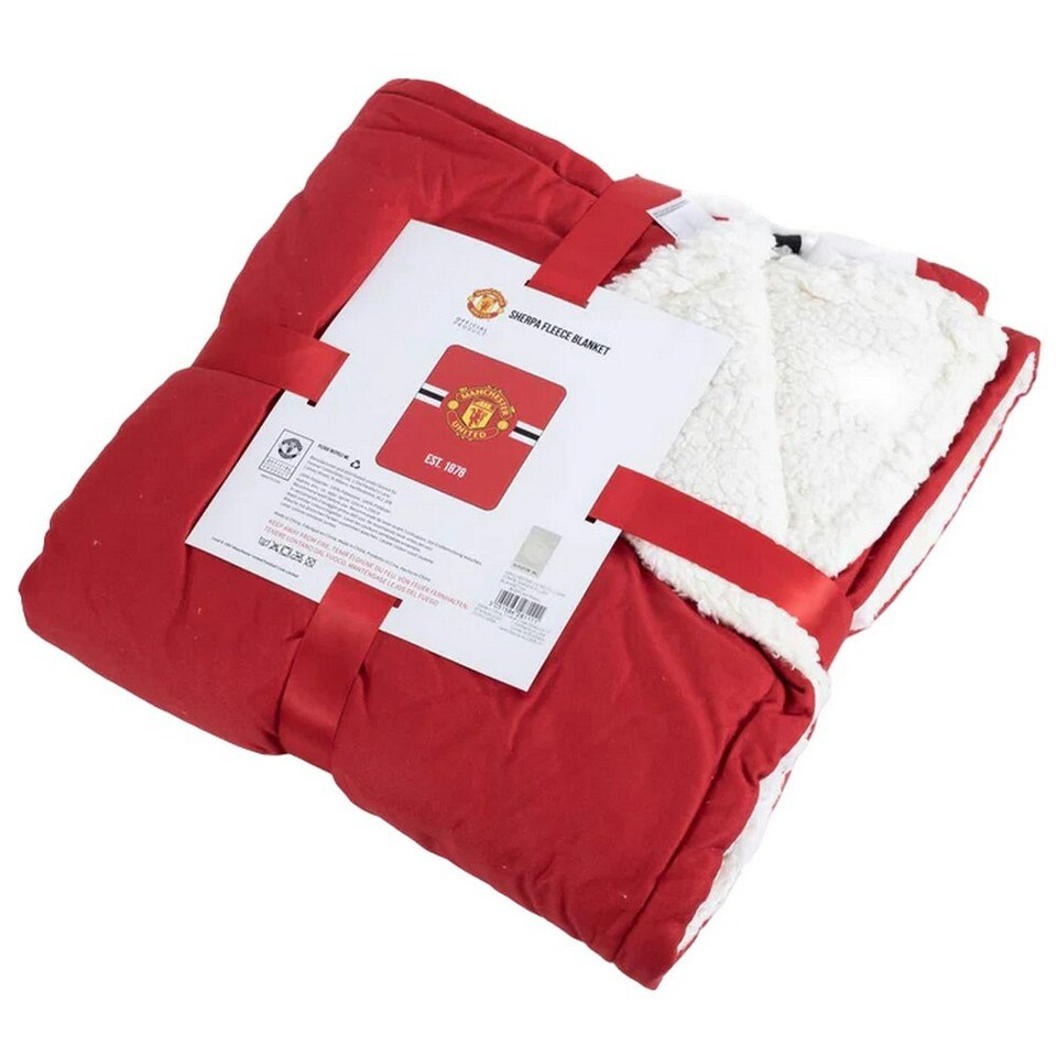 image 1 of Manchester United FC Core Sherpa Fleece Stripe Blanket - Red/White - One Size