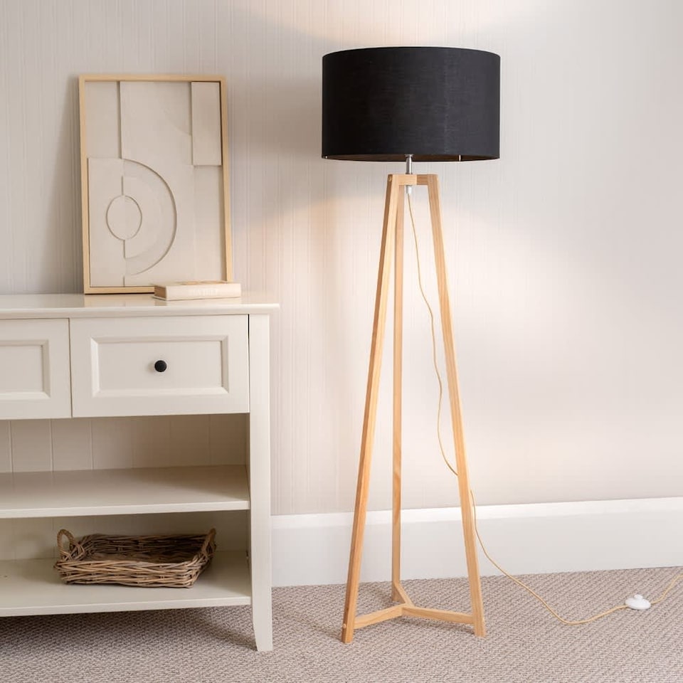 image 1 of ValueLights Lottie Natural Wood Tripod Floor Lamp Black Shade and Bulb