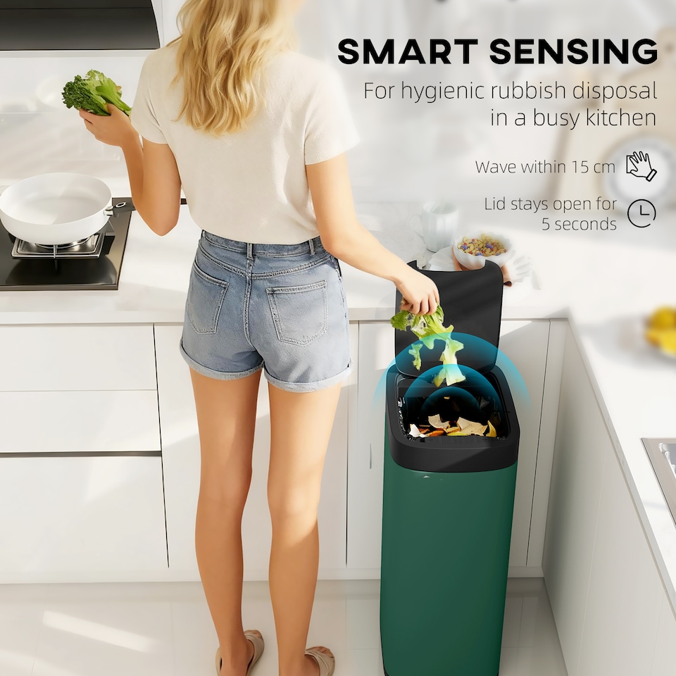 image 1 of HOMCOM 50L Sensor Bin, Touchless Kitchen Bin, Battery Operated, Dark Green