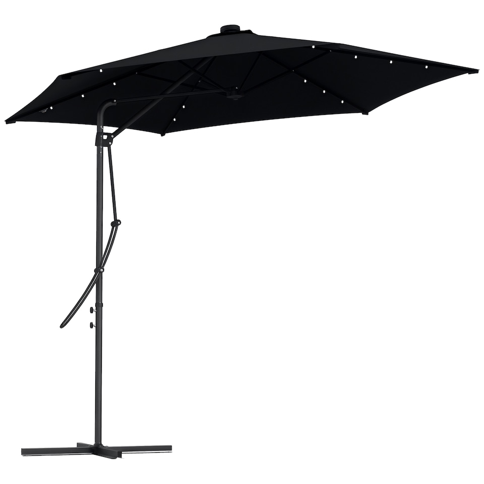 image 1 of Outsunny 3m Cantilever Parasol with Solar LED and Easy Lever, Garden Parasol Umbrella with Cross Base and Waterproof Cover, Outdoor Sun Shades, Black