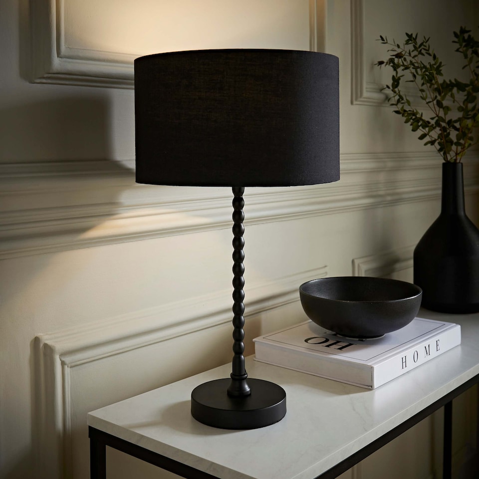 image 1 of ValueLights Maeve Black Fabric Drum Lamp Shade Matte Black Bobbin Bobble Table Lamp | Black