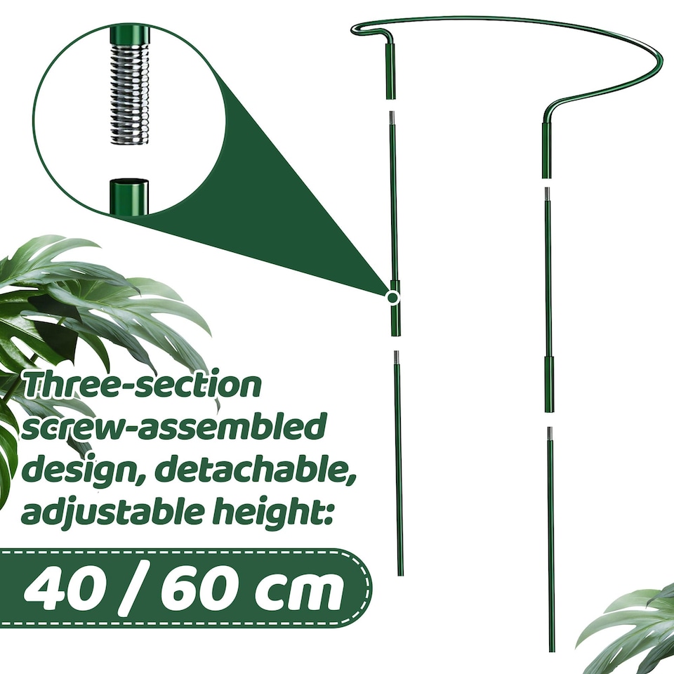 image 1 of 4 Pack Adjustable Plant Support Stakes Metal Half-Round Ring Cages with Self-Watering Sticks 25x60cm