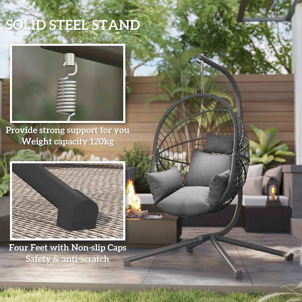 image 1 of Outsunny Outdoor Swing Chair with Thick Padded Cushion, Patio Hanging Chair with Metal Stand, Foldable Basket Egg Chair with Cup Holder, Rope Structure, for Indoor and Outdoor, Grey | Grey