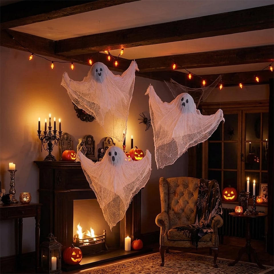 image 1 of White Ghost Halloween Hanging Decorations 90cm - Pack of 3