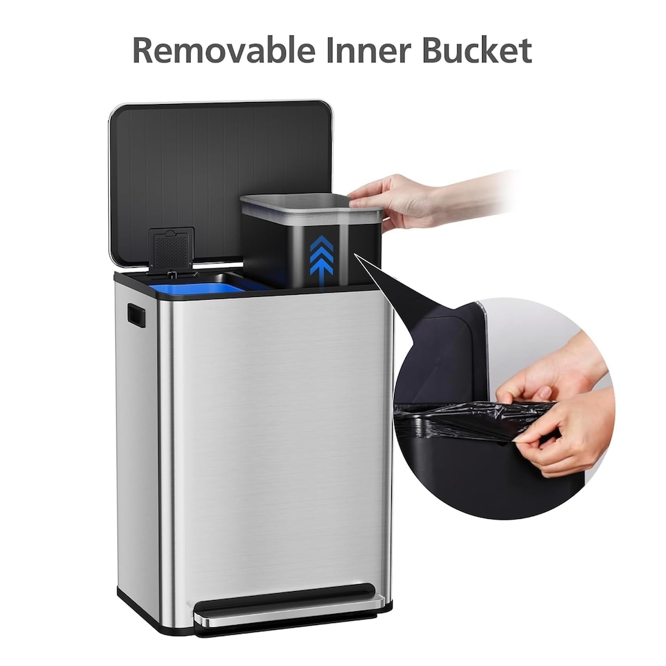 image 1 of London Boutique 60L (2x30L) Stainless Steel Step Bin with Soft-Close Lid & 2-colour Removable Inner Buckets - Silver