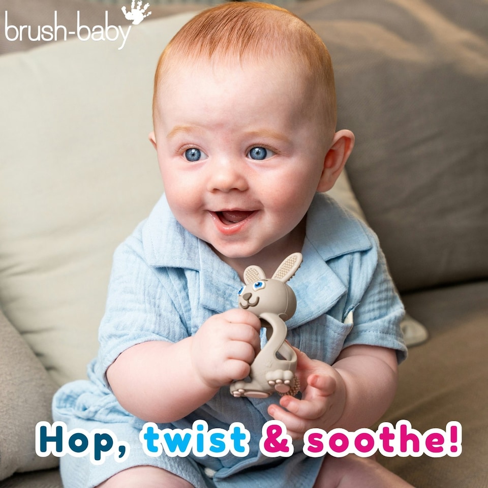 image 1 of Bobbie Bunny Baby Teether Toy Cappuccino Grey | Twist & Bounce Teething Toy