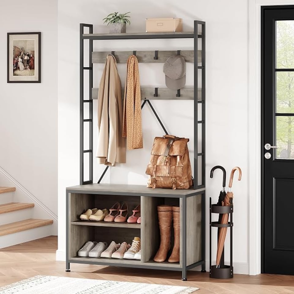 image 1 of London Boutique 5-in-1 Freestanding Hall Tree with Bench & Drawers