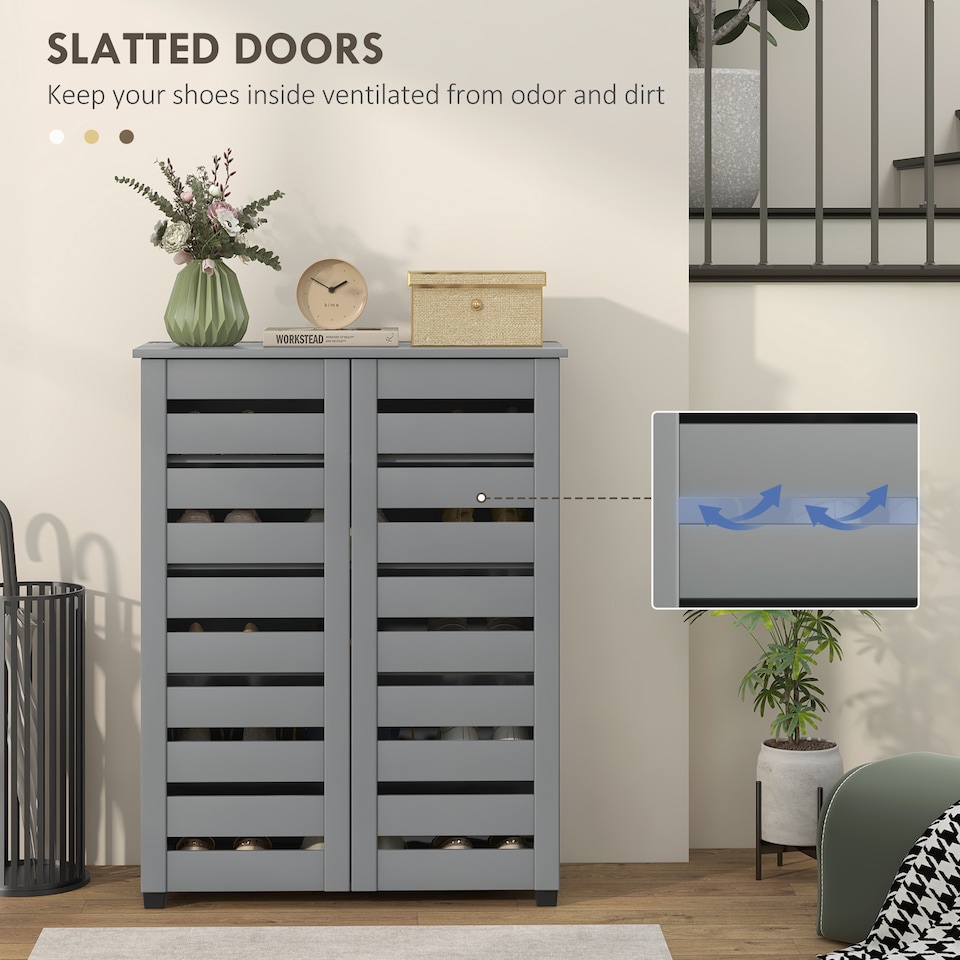 image 1 of HOMCOM Narrow Shoe Cabinet for Entryway, 5-Tier Slim Shoe Storage Cabinet with 2 Slatted Doors and Adjustable Shelves for 15 Pairs, Dark grey | Grey | Dark Grey
