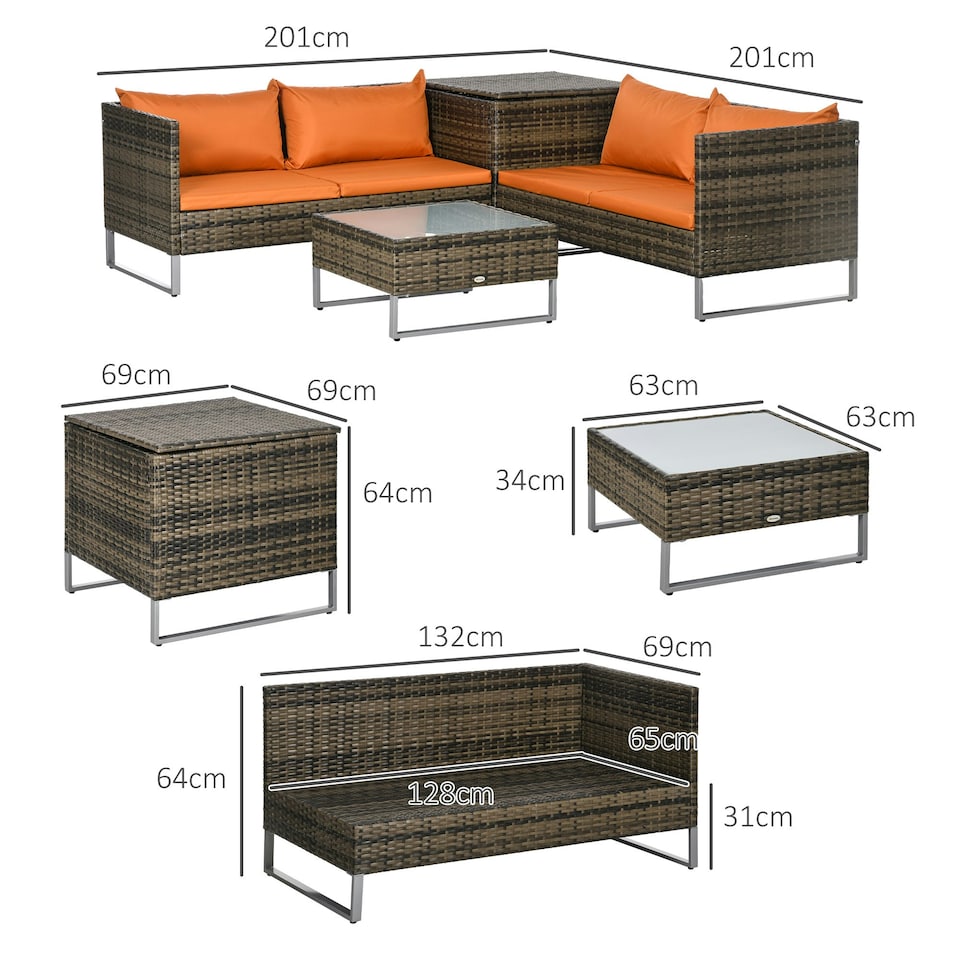 image 1 of Outsunny 4Pcs Patio Rattan Sofa Garden Furniture Set with Table Cushions Orange