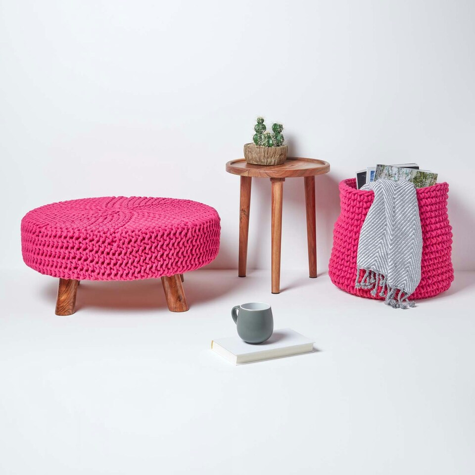image 1 of Homescapes Hot Pink Large Round Cotton Knitted Footstool on Legs