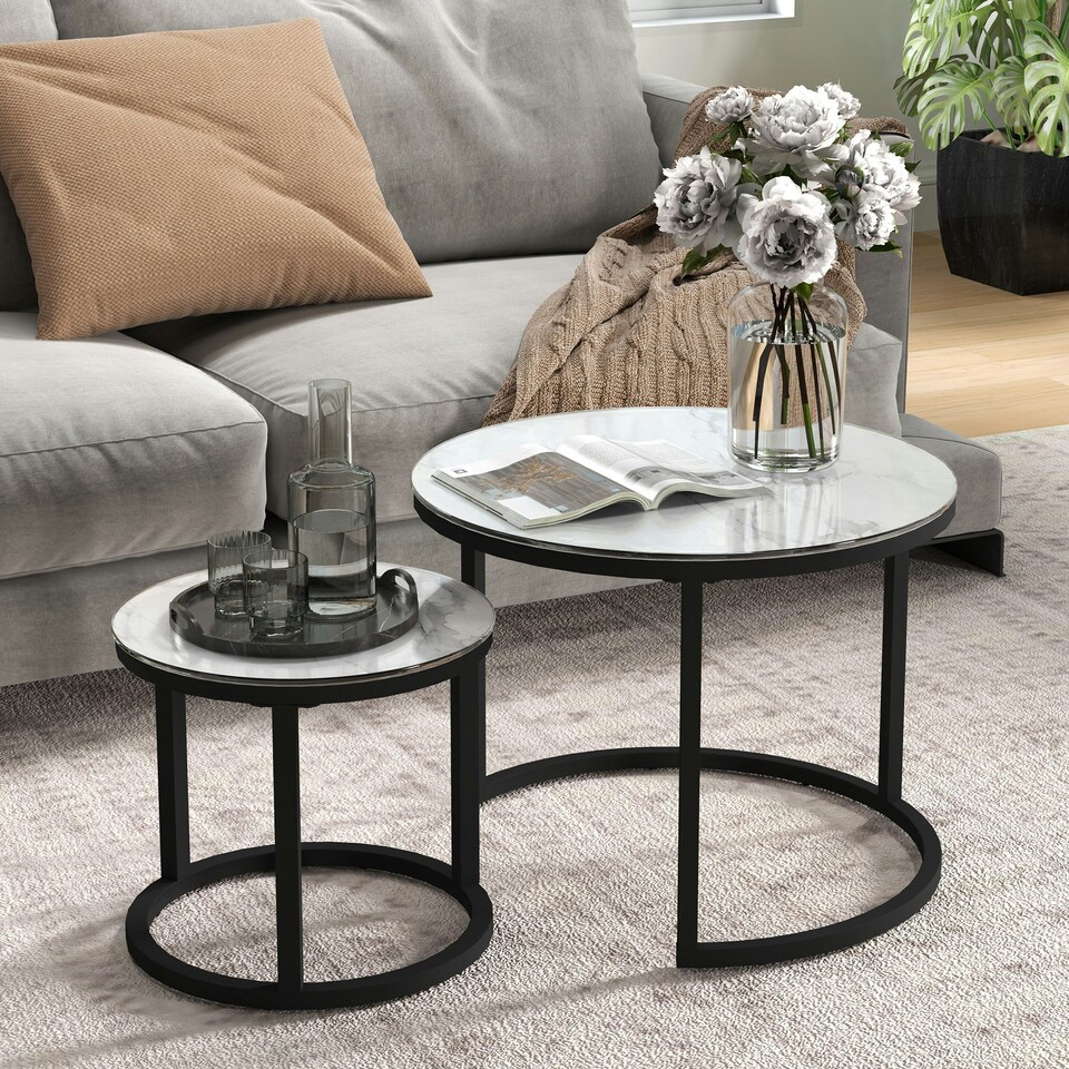 image 1 of HOMCOM Glass Coffee Table Set of 2, Round Nest of Tables, White