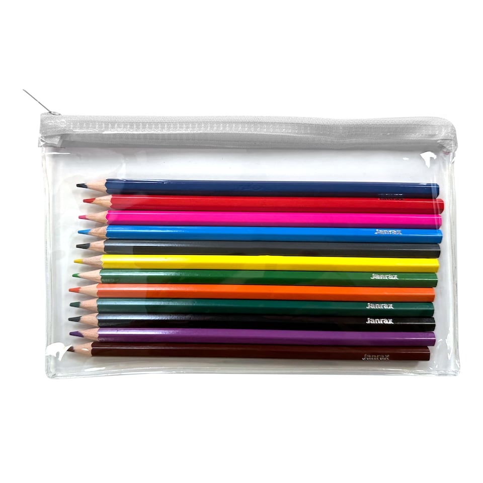 image 1 of Pack of 12 Colouring Pencils in White Zip Clear Pencil Case