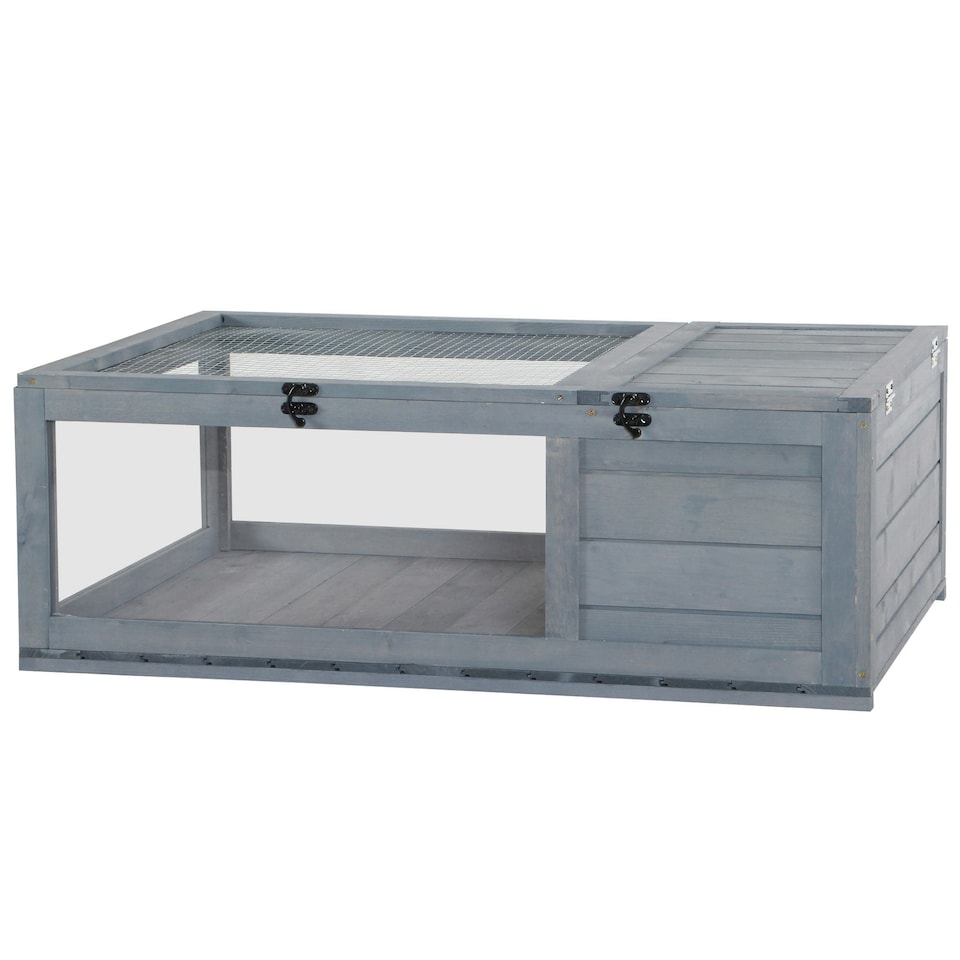 image 1 of PawHut Tortoise House w/ Mesh Roof, Small Pet Reptile Wooden House - Grey