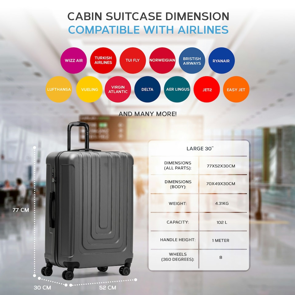 image 1 of Flight Knight Premium Lightweight Suitcase - Built-in Side Lock - 8 Spinner Wheels - ABS Hard Shell Carry On Or Check in Luggage - 100 Airlines Approved | Grey | Anthracite | Large