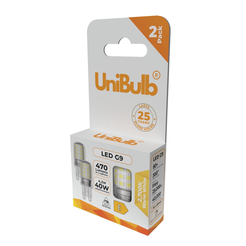 image 1 of UniBulb LED G9 470lm 4.2W (Replaces 40W) 2700K (Warm White) Capsule Light Bulb - Box of 2 | Clear | Warm White | 2