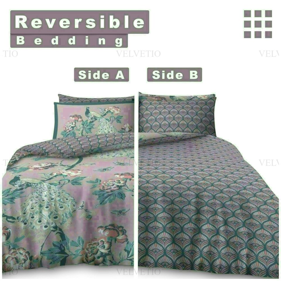 image 1 of Floral Peacock Printed Duvet Cover Set Reversible Polycotton Beddings Pink | Double