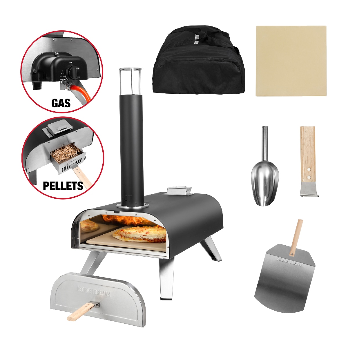 George Foreman 12'' Dual Fuel Powered Pizza Oven With Carry Bag & Paddle Black GFDFPO2BPC