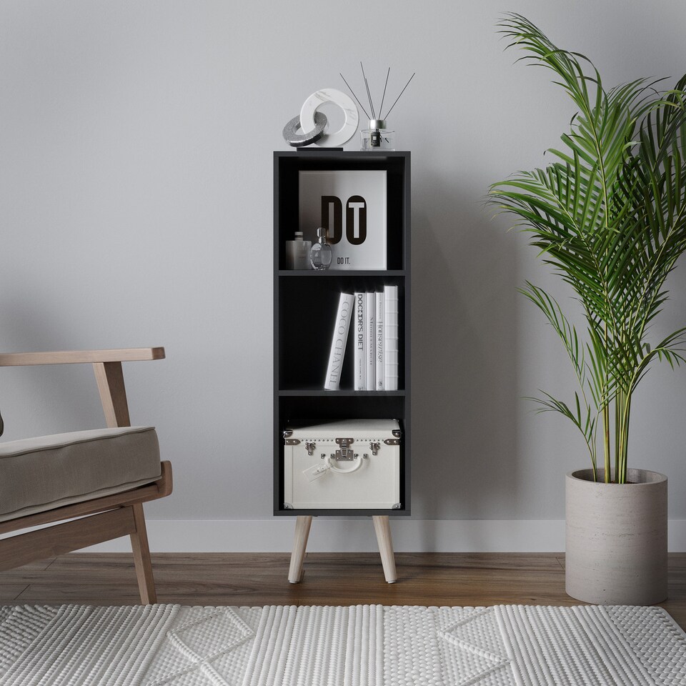 image 1 of 3-Tier Cube Display Cabinet with Scandinavian Legs | Black | Black & Pine | 1
