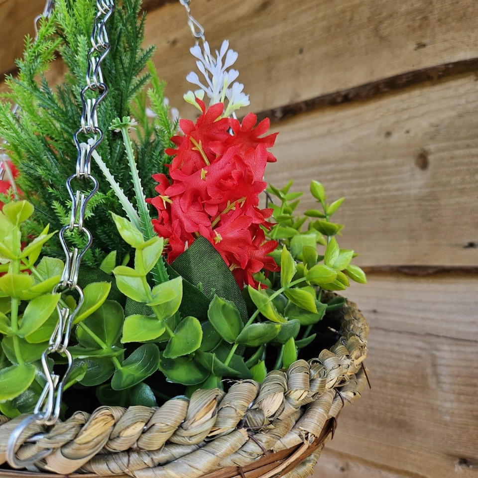 image 1 of Best Artificial 25cm / 10 Inch Red Hyacinth Hanging Basket - Suitable for Outdoor Use - Weather & Fade Resistant | Red | Red | 1