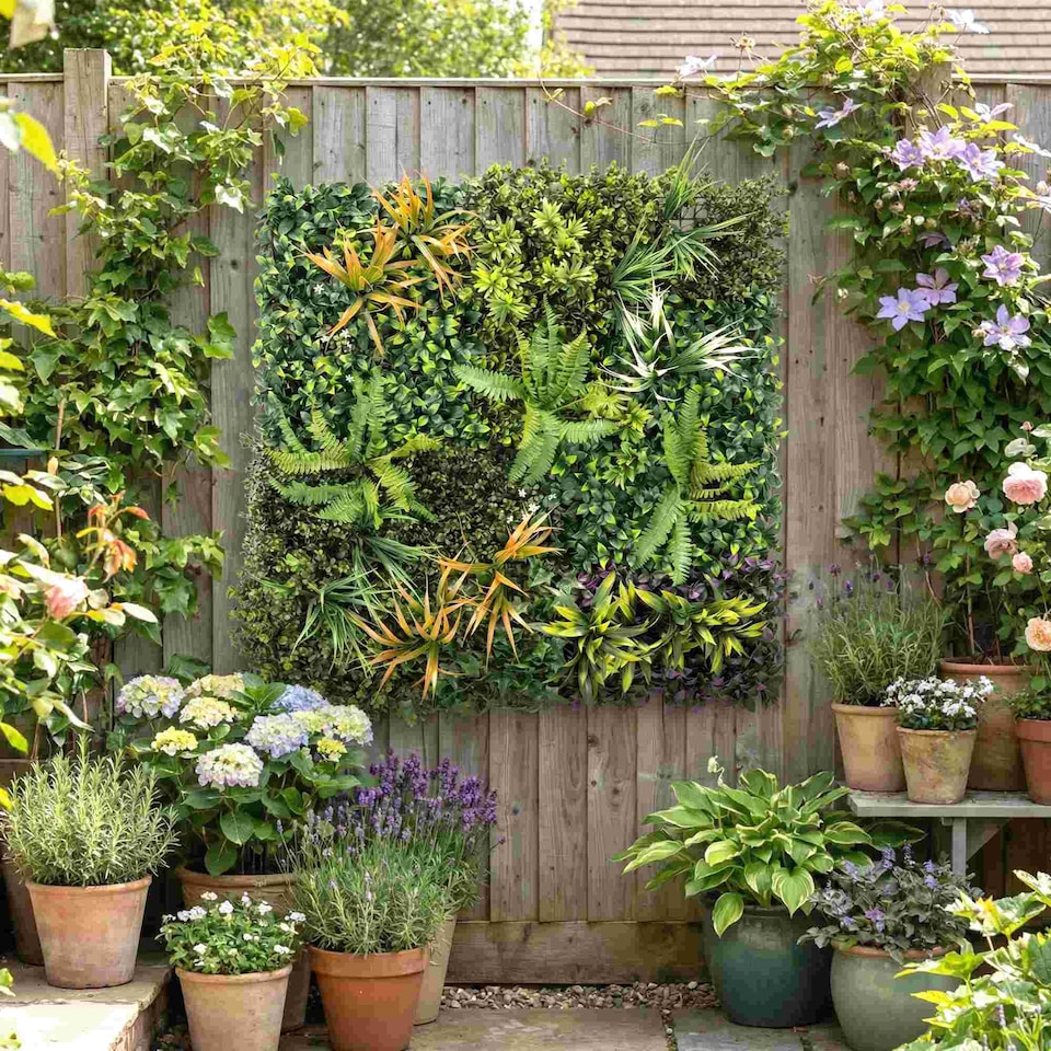 image 1 of Outsunny Grass Wall Panels, Greenery Backdrop Panels, Green | Green | Green, Yellowish-brown, Purple, White | 100 x 100 cm