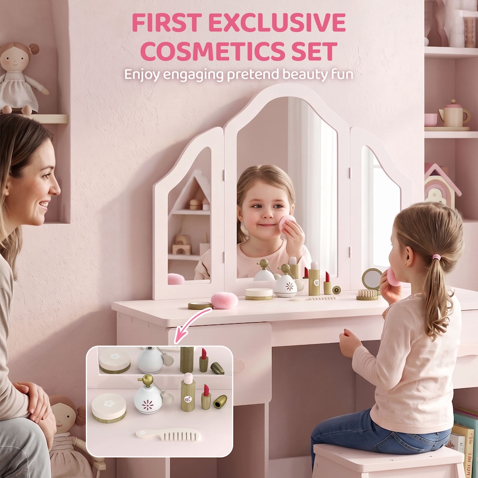 image 1 of AIYAPLAY Kids Vanity Table and Chair Set with Tri-Folding Mirror for 3+