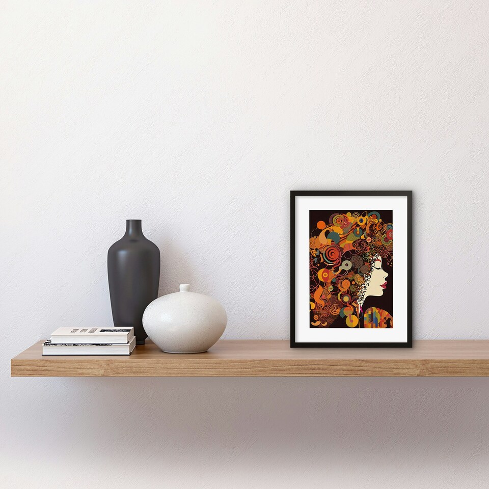 image 1 of Kandinsky Style Woman Portrait Modern Folk Art 9x7" Black Framed Wall Art Print