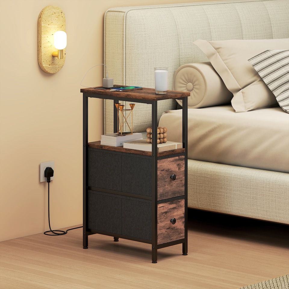 image 1 of HOMCOM Side Table, Narrow Bedside Table with Charging Station, 2 Drawers | Brown | Rustic Brown