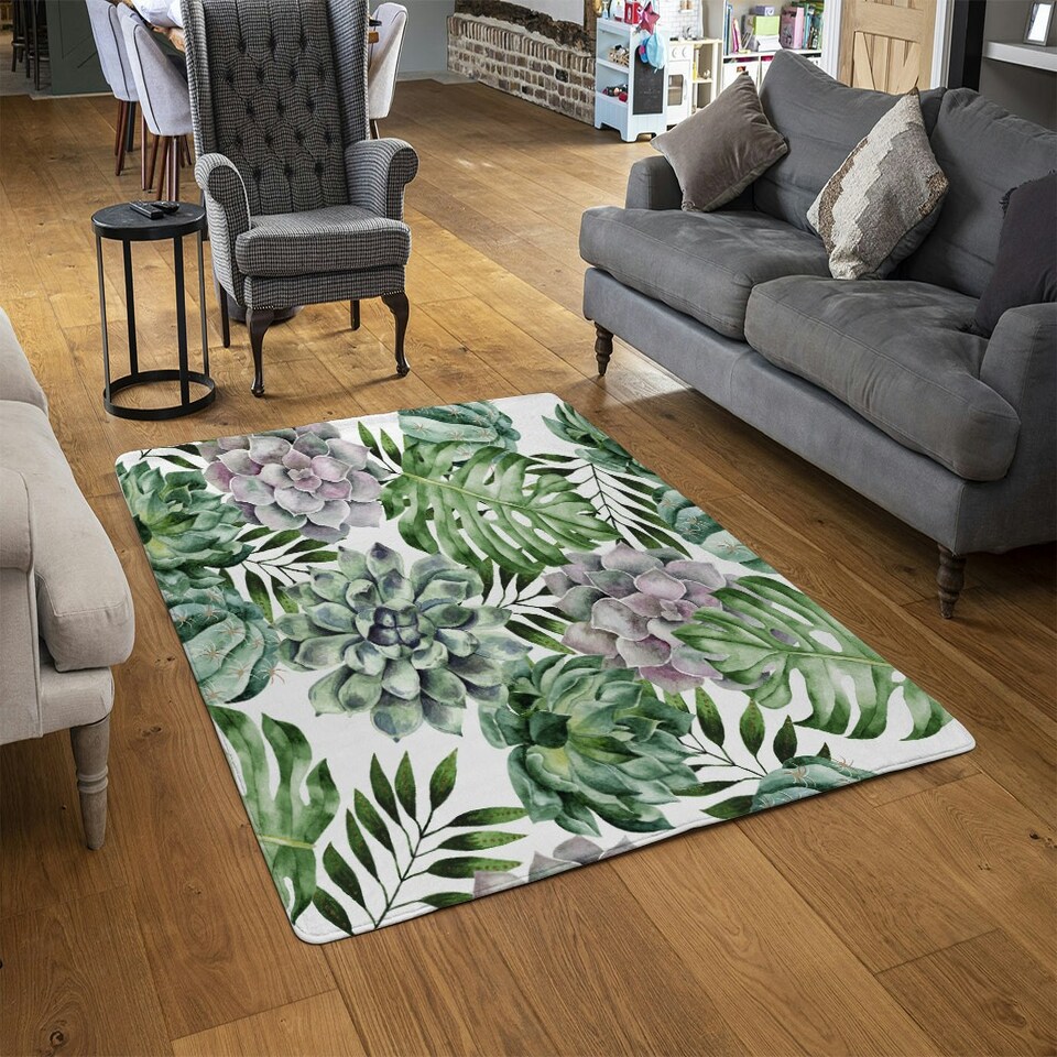 image 1 of Watercolour Botanical Leaves (Rug) Green | Medium: 80x150cm