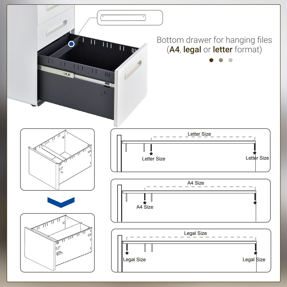 image 1 of Vinsetto 3 Drawer Steel Filing Cabinet w/ 4 Wheels Lock Pencil Box