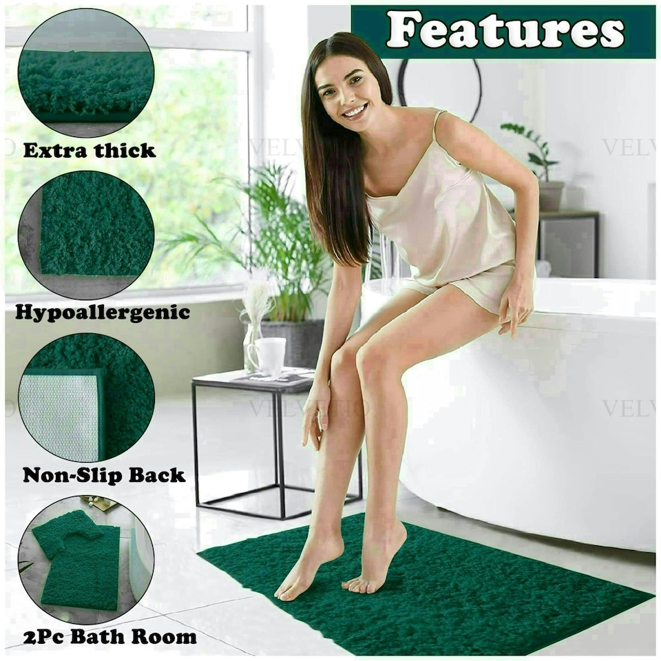image 1 of VELVETIO Bath Mats & Pedestal Mat Set Anti Slip Super Soft Water Absorbent Green | Teal