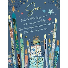 Words 'n' Wishes Son Birthday Card, Candles and Presents with an Embossed Foil Finish, Eco-Friendly and Recyclable