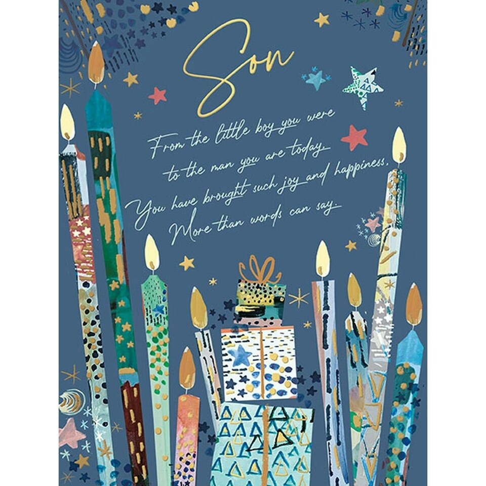 Words 'n' Wishes Son Birthday Card, Candles and Presents with an Embossed Foil Finish, Eco-Friendly and Recyclable