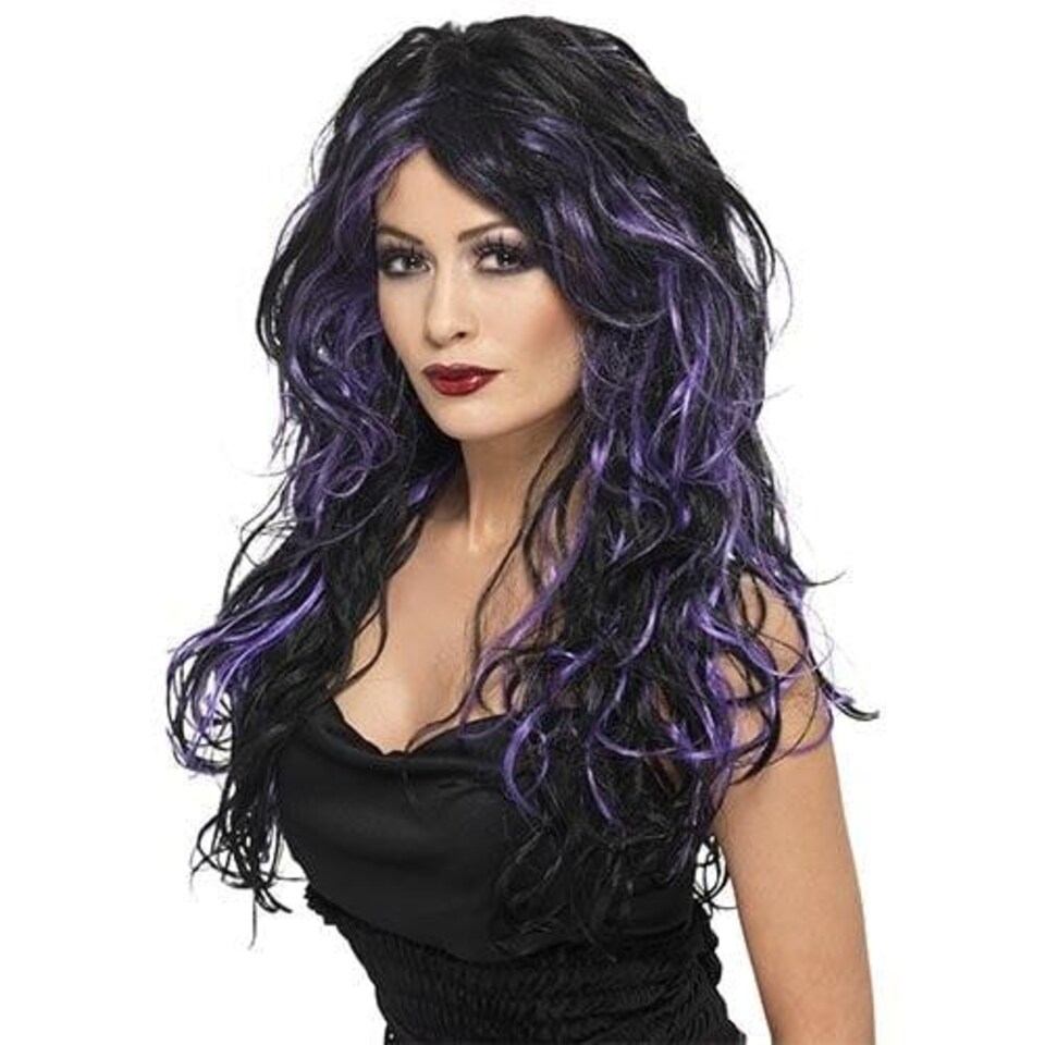image 1 of Gothic Black with Purple Streaks Long Haired Wig