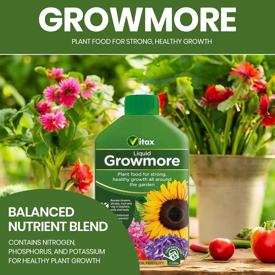 image 1 of Vitax Liquid Growmore 1L Concentrated All Purpose Plant Feed for Lawns Vegetables Flowers NPK Fertiliser Growth Boost