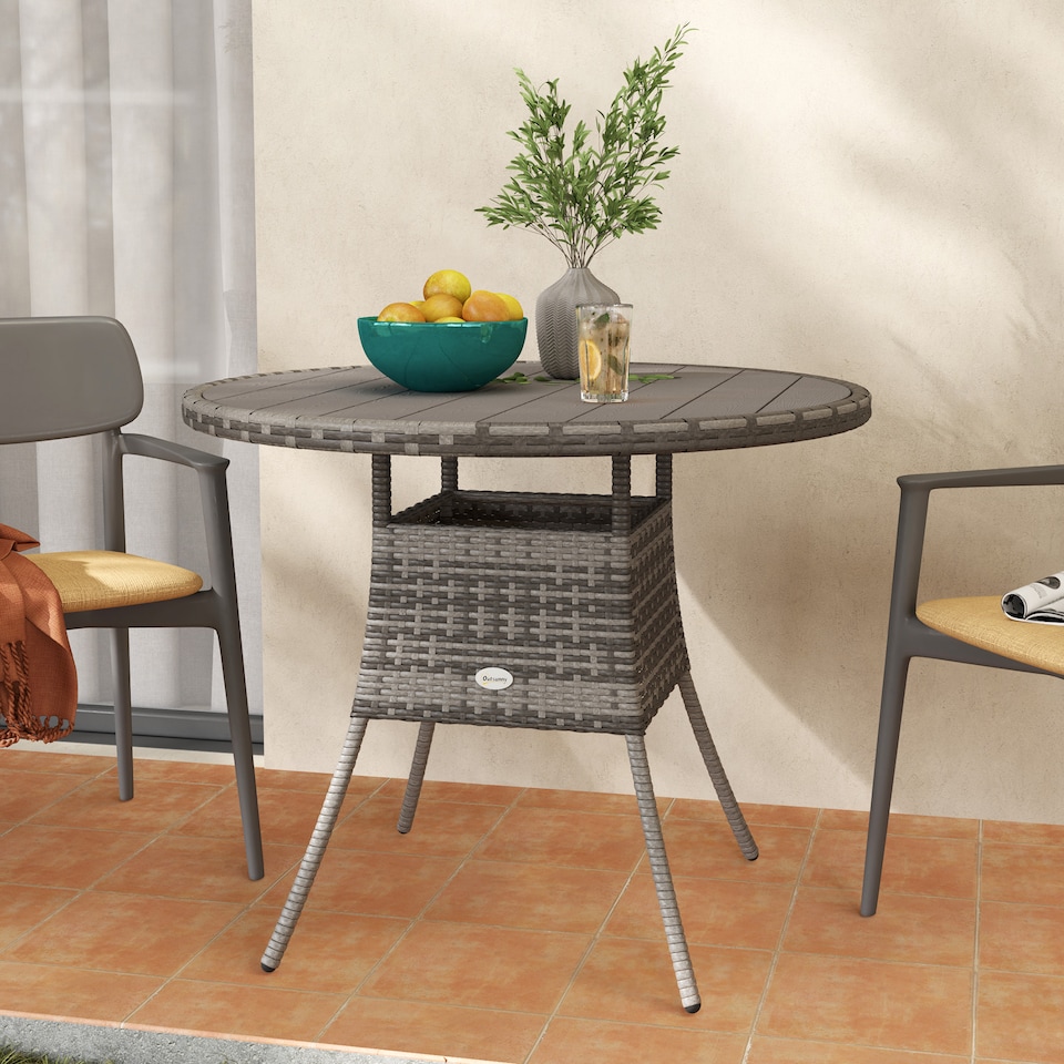 image 1 of Outsunny Outdoor PE Rattan Dining Table w/ Wood-plastic Composite Top, Grey