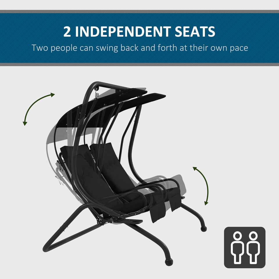 image 1 of Outsunny Canopy Swing 2 Separate Relax Chairs w/ Handrails, Cup Holders | Black | Black | L