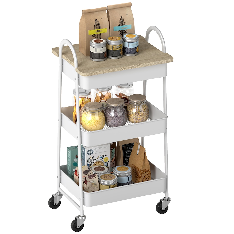 image 1 of HOMCOM 3-Tier Storage Trolley with Covered Top Board, Rolling Utility Cart, Mobile Storage Cart on Wheels with Mesh Baskets for Kitchen, Living Room, Dining Room, Bedroom, Bathroom, White | White | Oak and White
