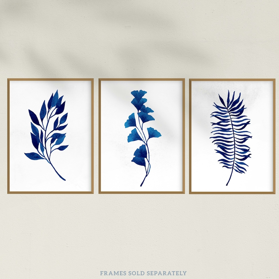 image 1 of Set of 3 Flower Plant Leaf Blue Watercolour Botanical Home Decor Wall Art Print A4